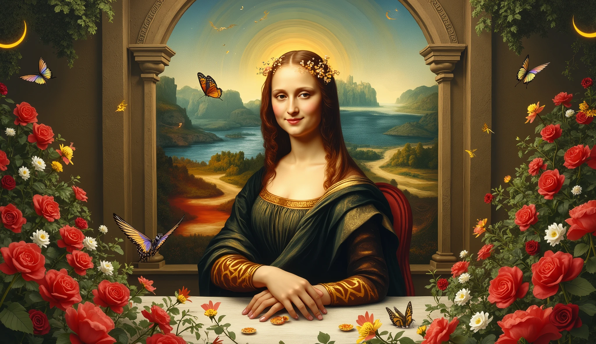 🖼️
🎨️
📐
✨
long shot scenic professional photograph of long shot scenic professional photograph of Creating random replicas of the classic historical masterpieces of Leonardo da Vinci in 'The Last Supper' superhit painting style, Ultra-High Definition, 64k resolution oil painting without a frame, using full dimensions of the selected resolution to fit the artwork image, medieval era innocent looks, finely detailed to perfection, art-punk, Arabic style, countryside background, art germ, high-octane. A portrait of a Rainbow of Butterflies and Daffodils with a beautiful virgin goddess nymph winged angel in the Garden of Heaven in the Paradise, goddess nymph winged angel is a Blessed Cosmic Virgin Heavenly Bride of Holy Christ and is an exact replica of the sketch of a supermodel Mona Lisa, happy smiling face, Sitting on a Queen's luxurious Heavenly Cushioned Chair of Paradise, Vatican looks and style, a precise copy of the conceptual legendary colorful Garden of Heavenly Paradise with rainbow hummingbirds and butterflies flying around, red roses and daffodils in the Heavenly Garden of Paradise with colorful random fruits on trees, a sketch of hummingbirds, butterflies, roses and daffodils is created with attention to the minutest detail, an unreal engine, ultimate beauty pro max, a quantum leap in artwork, magnificent miracle, unmatched quality, unmatched style, uniqueness to perfection, relaxed, bingo, illuminated, radiated with light, magnetic, extraordinary, a master stroke of a legendary brush, the artwork of a genius, a perfect sense of proportion and judgment, a tribute to a legendary master artist, super realistic, superhit, random dynamic poses, random smiling styles, random makeups, and random styles, vibrant 256k colors, ultimate art, extraordinary level portrait painting, master craftsmanship of sketching beautiful human female hands with strictly 4 symmetrical natural fingers on each hand in extremely minutest detail of care applied, GEFORCE RTX GPU magic