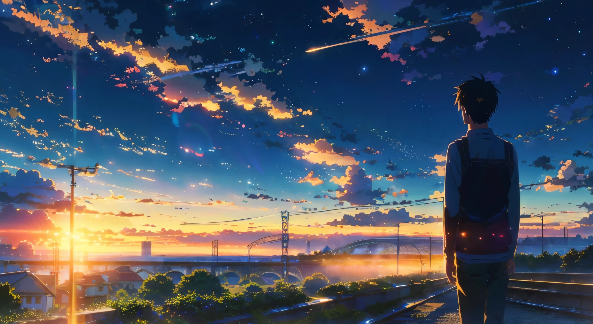 Anime scene with train passing under blue sky, anime drawing by Makoto Shinkai, trending on pixiv, magic realism, beautiful anime scene, cosmic sky. by makoto shinkai, ( ( makoto shinkai ) ), by makoto shinkai, anime background art, makoto shinkai style. Detail enhancement, perfect detail processing, huge clouds