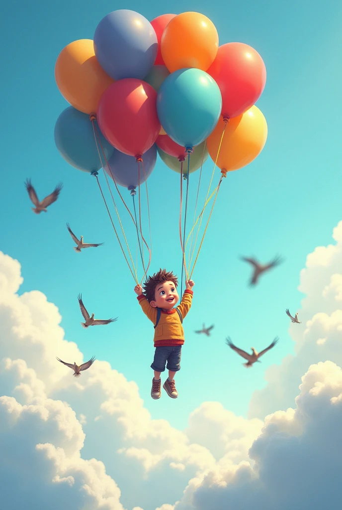 Max the  was flying with balloons very high, tied on his waist spotting a flock of birds flying over clouds