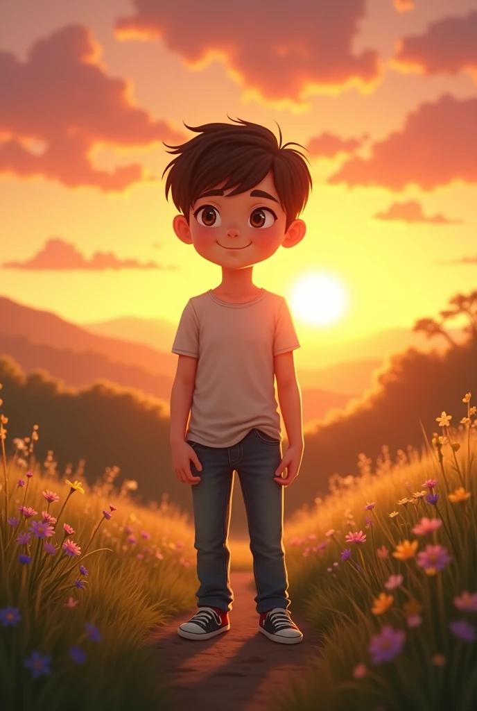 A cute boy standing and looking front in sunset view 