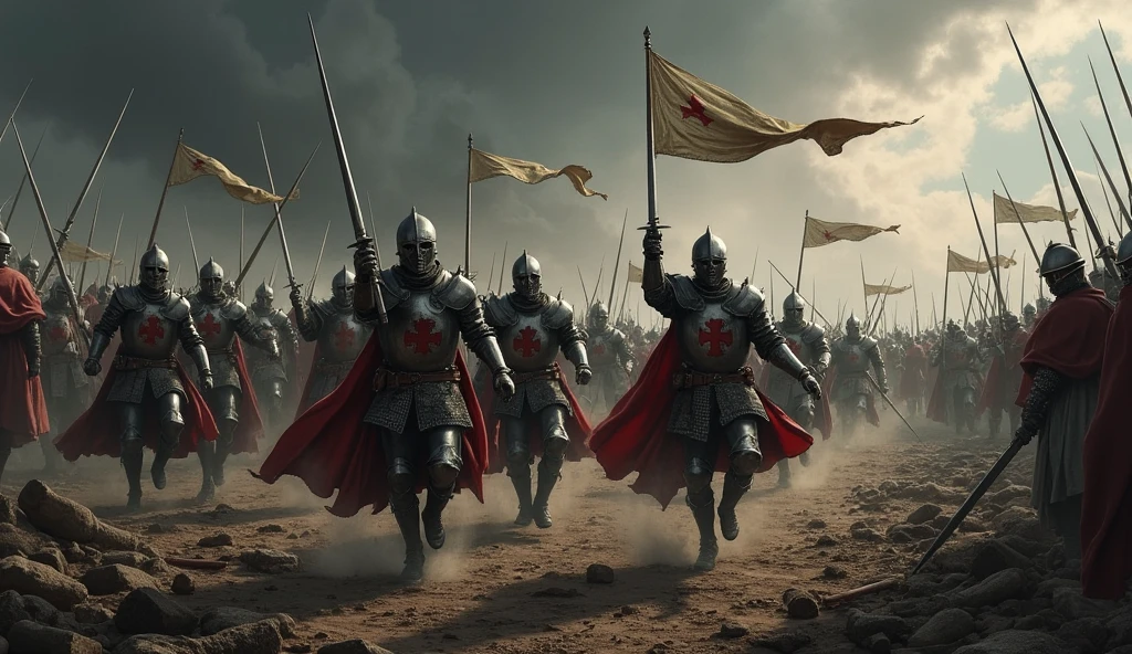 A fierce battle scene with Templar knights charging towards the enemy on a vast battlefield. The sky is dark with storm clouds, and the ground is littered with debris from the battle. The knights are shown in action, their swords raised, banners flying, and the iconic red cross visible on their armor