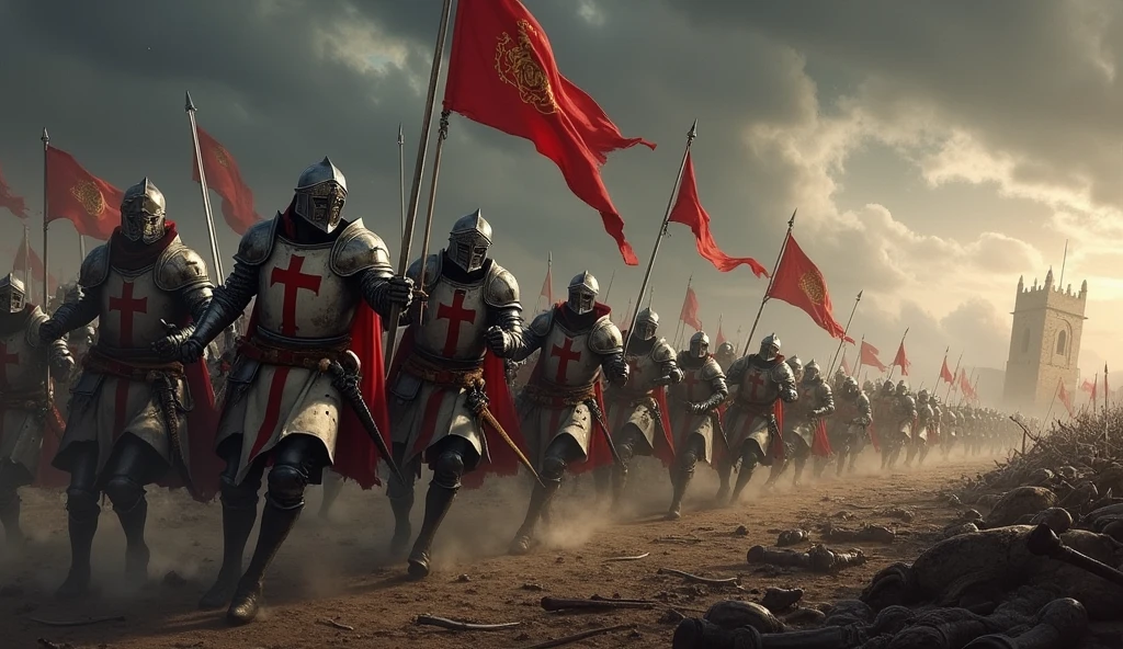 A fierce battle scene with Templar knights charging towards the enemy on a vast battlefield. The sky is dark with storm clouds, and the ground is littered with debris from the battle. The knights are shown in action, their swords raised, banners flying, and the iconic red cross visible on their armor