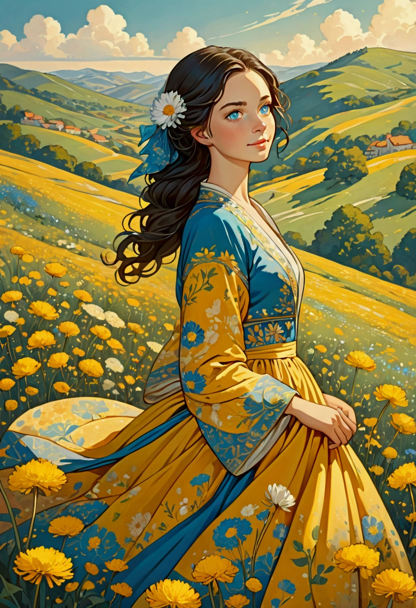 masterpiece, best quality, Extremely detailed, illustration,Depth of Field,Albena Vacheva style. Stylized characters. Ethereal Woman, Wearing a full skirt with floral and leaf prints, (A faint smile,blue eyes:1.1),Beautiful and delicate light,Background with mustard-colored sunlight, hills, björk, Flowers and blooming dandelions.