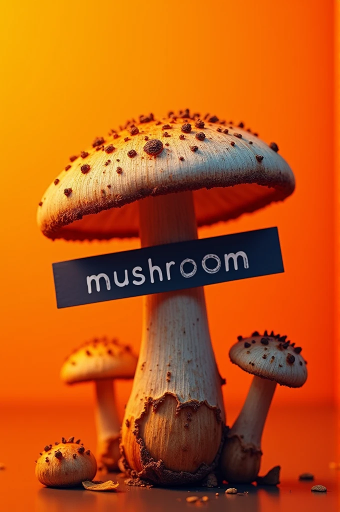 Conor's Grilled Mushroom Orange with dark blue containing the word mushroom