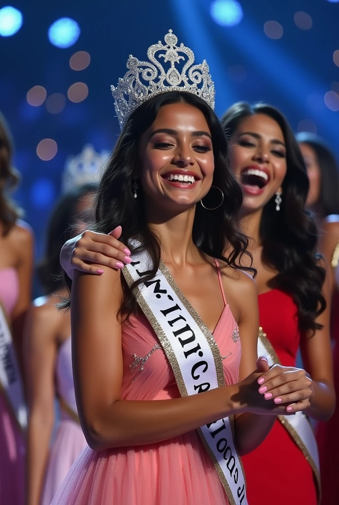 Miss Indonesia cry because win Miss universe little with sash "Miss universe" and crown and get hug from other participant
Tearfully
Full pict
Indonesian look