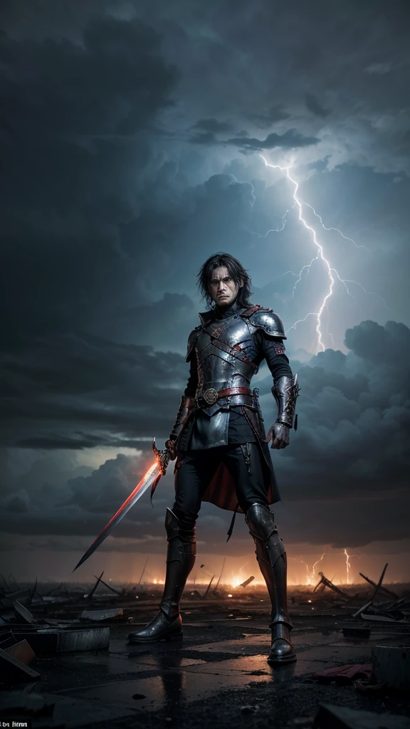 "A lone warrior with a fierce expression, armed with a gleaming sword, stands amidst a devastated battlefield. He is surrounded by debris and remnants of war, with fallen bodies around him. In the background, a stormy sky in shades of gray and red, lit by lightning, creates an atmosphere of chaos and impending destruction. The image should convey a sense of extreme tension and internal conflict, symbolizing both physical and mental struggle. The words 'Holy Wars... The Punishment Due' and 'Megadeth' are subtly yet powerfully integrated with a metallic font to emphasize the intensity and theme of the song."