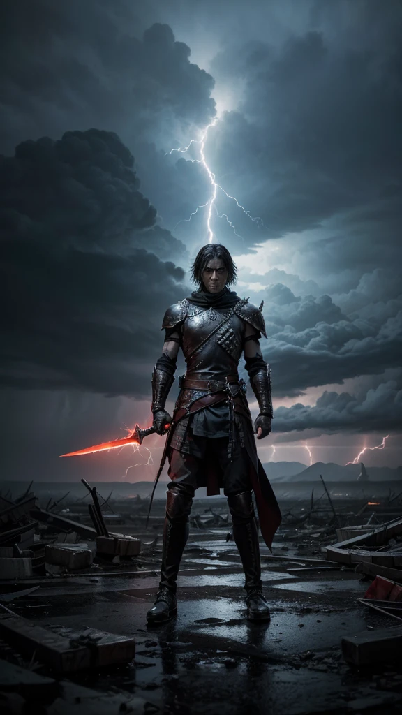"A lone warrior with a fierce expression, armed with a gleaming sword, stands amidst a devastated battlefield. He is surrounded by debris and remnants of war, with fallen bodies around him. In the background, a stormy sky in shades of gray and red, lit by lightning, creates an atmosphere of chaos and impending destruction. The image should convey a sense of extreme tension and internal conflict, symbolizing both physical and mental struggle. The words 'Holy Wars... The Punishment Due' and 'Megadeth' are subtly yet powerfully integrated with a metallic font to emphasize the intensity and theme of the song."