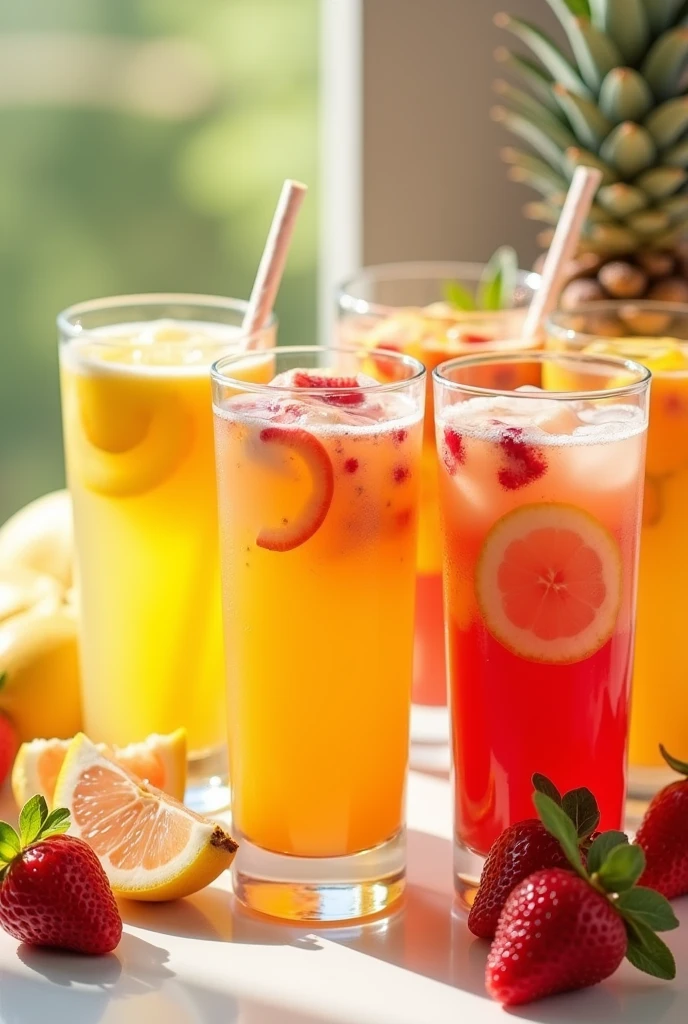 Drinks with lemon, apple, honey blend, mango. Each of the fruits provided have their own transparent cup and the cup with their color of fruit. And the side put some of their fruits on the table