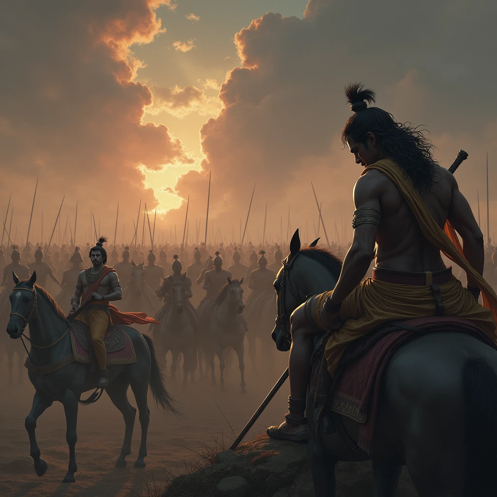 Depict Arjuna in his chariot, his bow lowered, and his face filled with sorrow and doubt. His gaze is turned towards the opposing Kaurava army, which is blurred and shadowy, symbolizing his internal conflict. In the background, faint images of sin and darkness start to encroach upon him, representing the consequences he fears from killing his kin. Krishna sits beside him with a compassionate expression, his hand gently raised as if offering wisdom and solace. The battlefield around them is vast and ominous, with the tension of the impending battle heavy in the air, highlighting the gravity of Arjuna's moral dilemma.