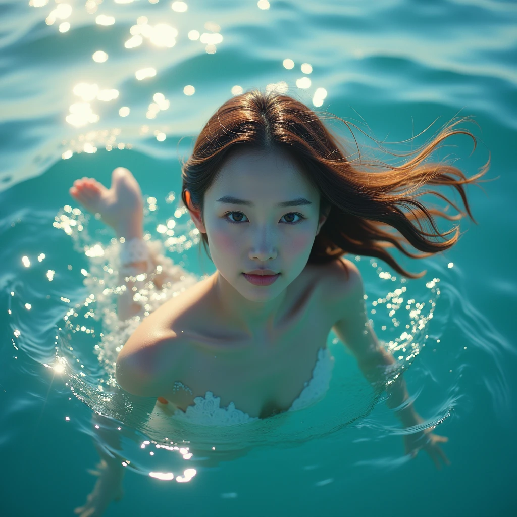 High resolution of a brown-haired Japanese woman swimming in the ocean with a shy smile inviting you to swim with her, masterpiece, Anatomically correct, Highest quality, High detail, Textured skin, Ultra-detailed, Cinematography, no make up,Lens flare, Cinematic light effects, 