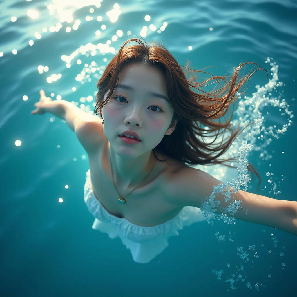 High resolution of a brown-haired Japanese woman swimming in the ocean with a shy smile inviting you to swim with her, masterpiece, Anatomically correct, Highest quality, High detail, Textured skin, Ultra-detailed, Cinematography, no make up,Lens flare, Cinematic light effects,