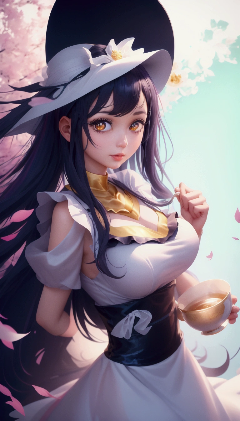 a close up of a woman in a hat and dress holding a tea cup, splash art anime , extremely detailed artgerm, cute anime waifu in a nice dress, ! dream artgerm, detailed digital anime art, , anime girl in a maid costume, kawaii realistic portrait, like artgerm, cute detailed digital art, style artgerm