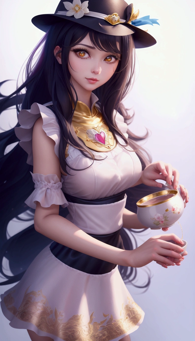 a close up of a woman in a hat and dress holding a tea cup, splash art anime , extremely detailed artgerm, cute anime waifu in a nice dress, ! dream artgerm, detailed digital anime art, , anime girl in a maid costume, kawaii realistic portrait, like artgerm, cute detailed digital art, style artgerm