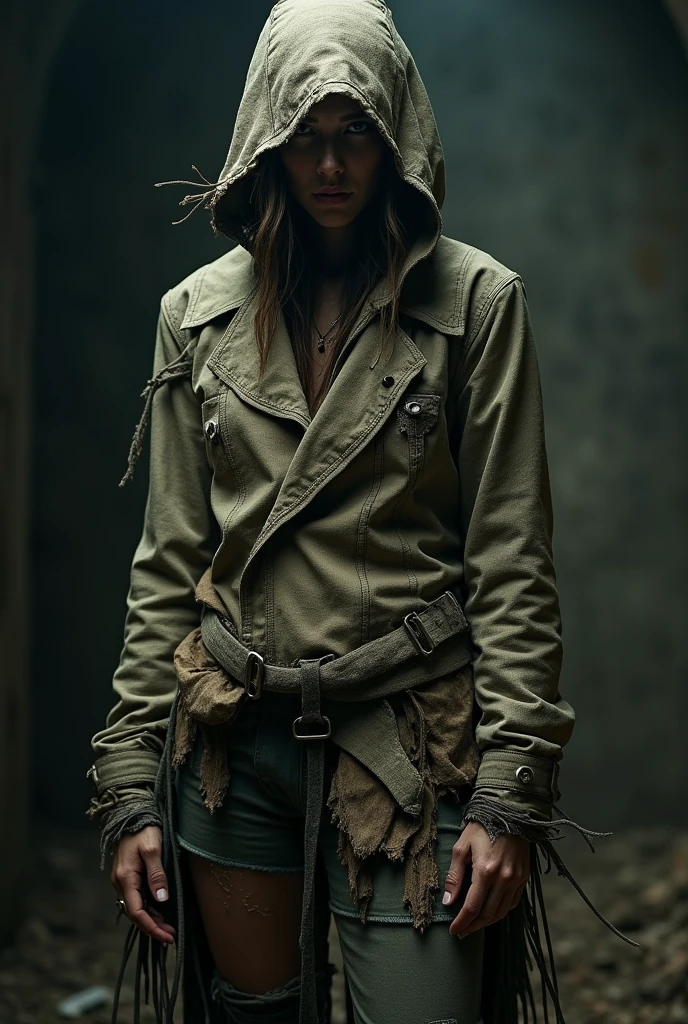 (best quality,ultra-realistic), ripped clothes, tattered fabric, torn edges, frayed threads, rugged textures, distressed materials, worn-out garments, rugged fashion, post-apocalyptic style, dramatic rips and tears, intense detailing, dynamic poses, strong visual impact, striking contrast, dark and moody color palette, dramatic lighting, haunting atmosphere, cinematic composition, high attention to detail, masterful artistry.