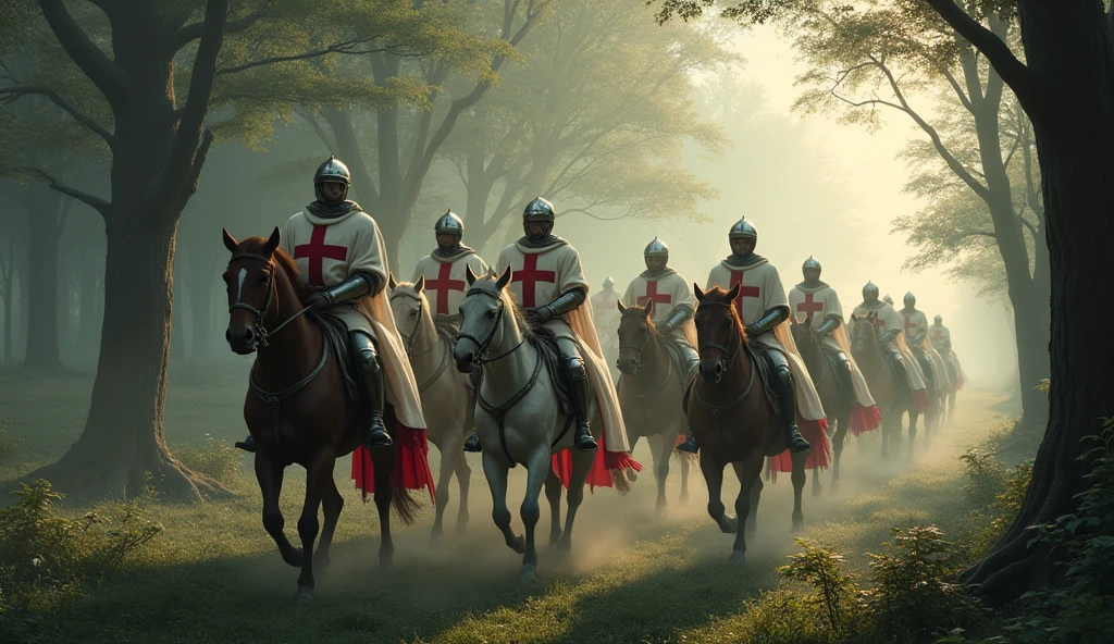 A group of Templar knights on horseback, riding through a forest at dawn. The knights are clad in white surcoats with red crosses, their helmets gleaming in the early morning light. The forest is dense with tall trees, and a mist hangs in the air, adding an aura of mystery and adventure