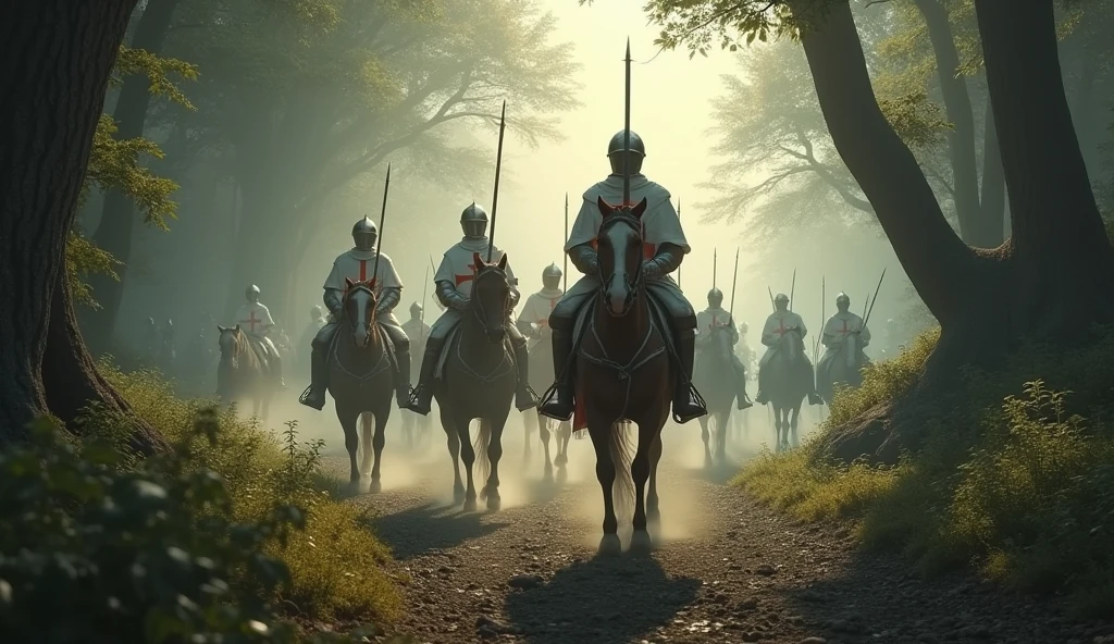 A group of Templar knights on horseback, riding through a forest at dawn. The knights are clad in white surcoats with red crosses, their helmets gleaming in the early morning light. The forest is dense with tall trees, and a mist hangs in the air, adding an aura of mystery and adventure