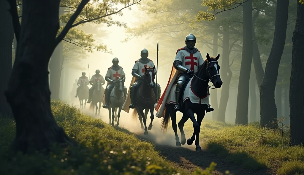 A group of Templar knights on horseback, riding through a forest at dawn. The knights are clad in white surcoats with red crosses, their helmets gleaming in the early morning light. The forest is dense with tall trees, and a mist hangs in the air, adding an aura of mystery and adventure