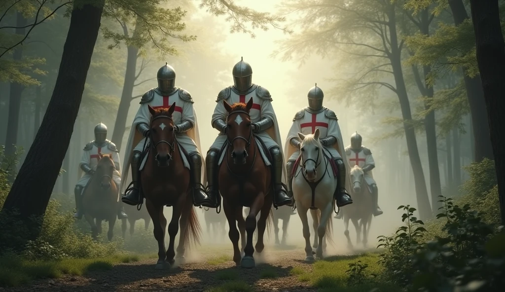 A group of Templar knights on horseback, riding through a forest at dawn. The knights are clad in white surcoats with red crosses, their helmets gleaming in the early morning light. The forest is dense with tall trees, and a mist hangs in the air, adding an aura of mystery and adventure