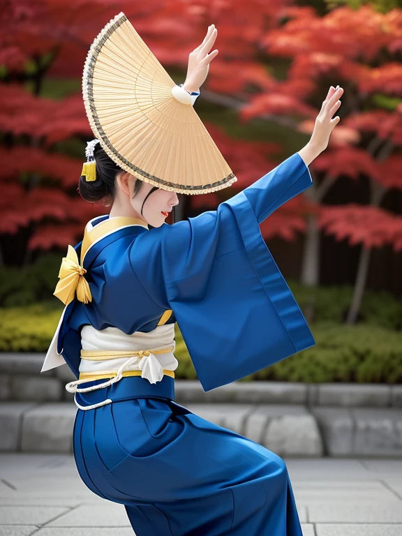 Photo-realistic quality、A woman in a blue and yellow kimono is dancing the Awa Odori dance, Traditional Japanese, Portrait Shot, TraditionalなJapanの着物, Wearing a hat, Traditional, Beautiful images, Japan, Traditional costume, Wear a kimono, Japanese woman, Japaneese style、