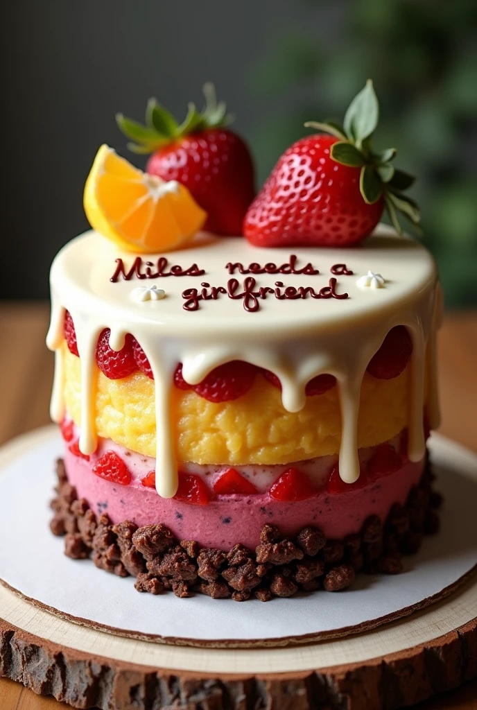 Design a lovely cake, the name Miles needs a girlfriend should be in it, with a mixture of every flavor and the cake should be placed on a table 