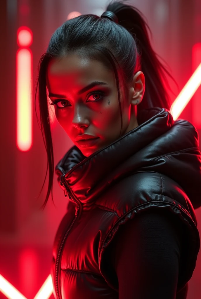 a slim ponytail angry sith wielding her bright lightsaber, she is walking in room full of jedi,beautiful detailed bright red-colored eyes,beautiful freckles,beautiful detailed lips,extremely detailed eyes and face,longeyelashes, wearing beautiful detailed skintight airtight covering-head hooded armored formfitting duvetica overfilled overinflated shiny hyper gleamy thick hyper glossy puffervest covering over her padded high-collared pufferjacket, glossy latex leggings,symmetrical,masterpiece,cinematic,lifelike,hyperrealistic,8k,photorealistic,highly detailed,intricate,exquisite,elegant,beautiful,stunning