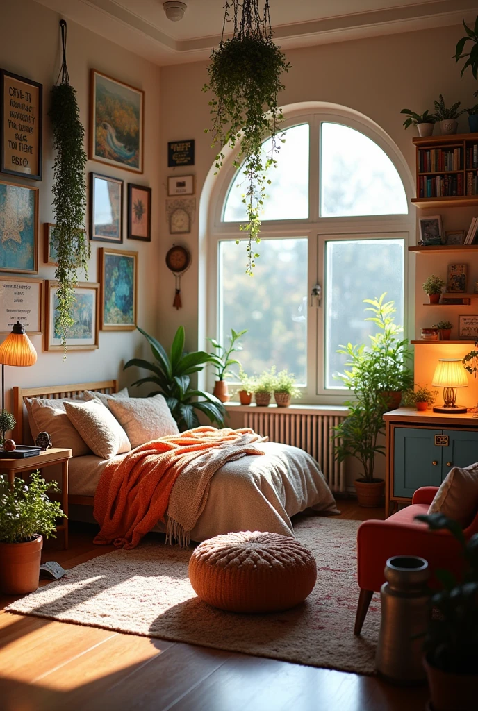 Create a cozy and fun bedroom that represents ENFP personality show the entire room and make it's big