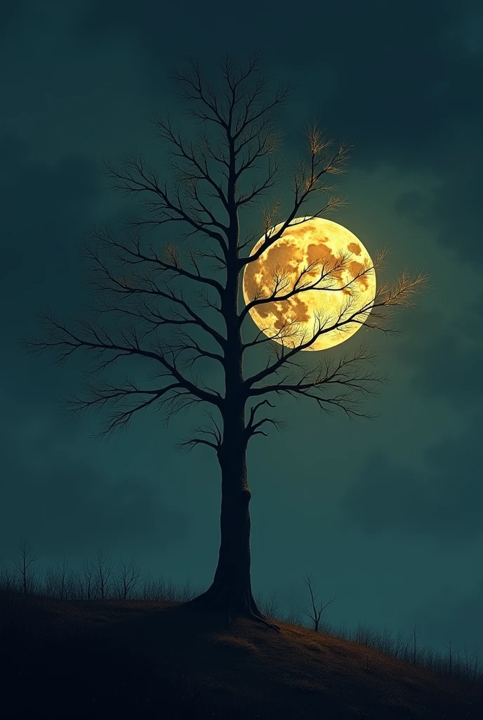 Create a tranquil night scene featuring a tall, leafless tree with a few golden-yellow leaves clinging to its branches. The tree is set against a dark, moody sky with a large, glowing full moon partially obscured by the branches. The atmosphere should feel serene and slightly mystical, with the warm glow of the moon contrasting beautifully against the dark tones of the sky and tree."