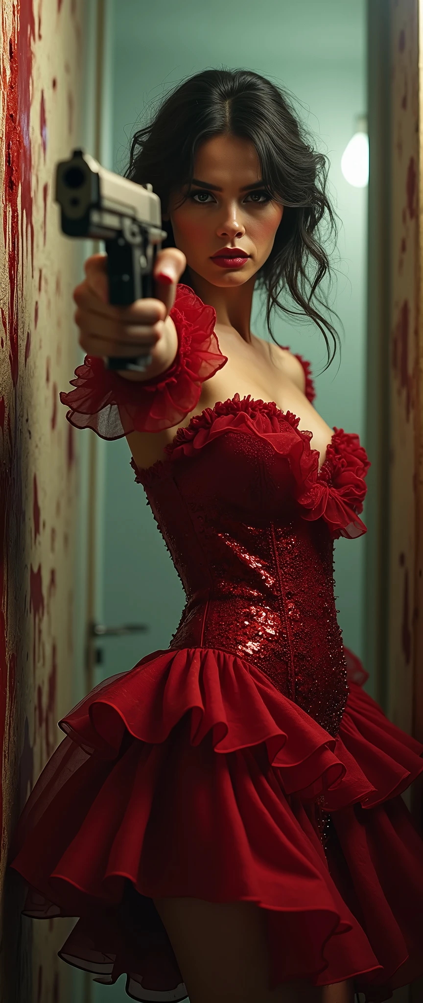 a chic ensemble stylish woman in a baroque mess dress saunting with swagger strife with gun shooting, gun muzzle, blooded walls, bloody (best quality,4k,8k,highres,masterpiece:1.2),ultra-detailed,(realistic,photorealistic,photo-realistic:1.37),HDR,UHD,studio lighting,ultra-fine painting,sharp focus,physically-based rendering,extreme detail description,professional,vivid colors,bokeh,portrait,high fashion,elegant,glamorous,cinematic,dramatic lighting,moody,mysterious,sensual,sophisticated