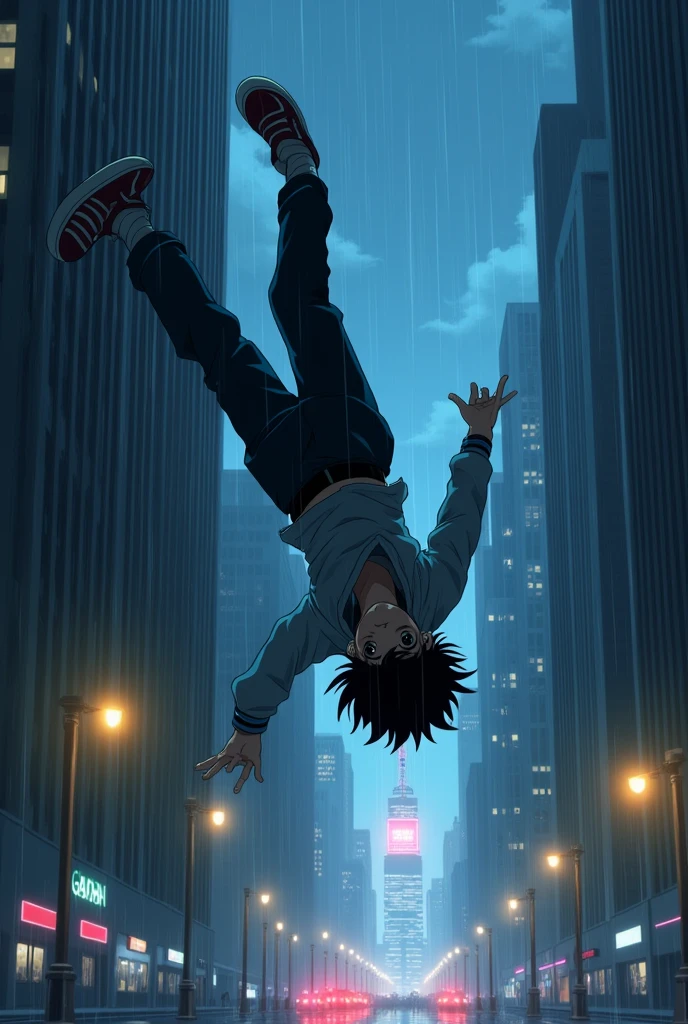 I want a anime boy wearing hoodie in rain it should be night there should be reflection of water he is upside down  he is diving  from a skyscraper he is wearing loose pants his side pose must me visible 