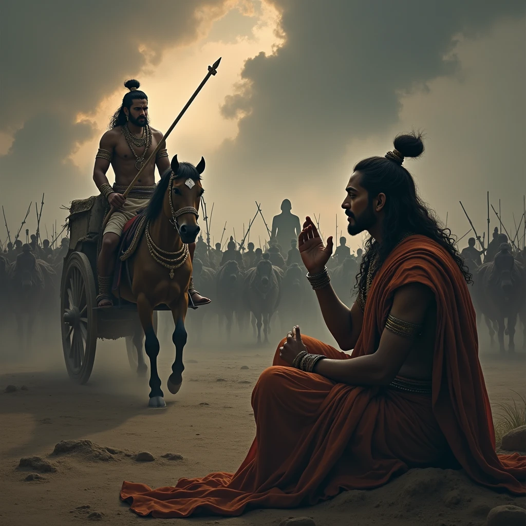 Depict Arjuna in his chariot, his bow lowered, and his face filled with sorrow and doubt. His gaze is turned towards the opposing Kaurava army, which is blurred and shadowy, symbolizing his internal conflict. In the background, faint images of sin and darkness start to encroach upon him, representing the consequences he fears from killing his kin. Krishna sits beside him with a compassionate expression, his hand gently raised as if offering wisdom and solace. The battlefield around them is vast and ominous, with the tension of the impending battle heavy in the air, highlighting the gravity of Arjuna's moral dilemma.