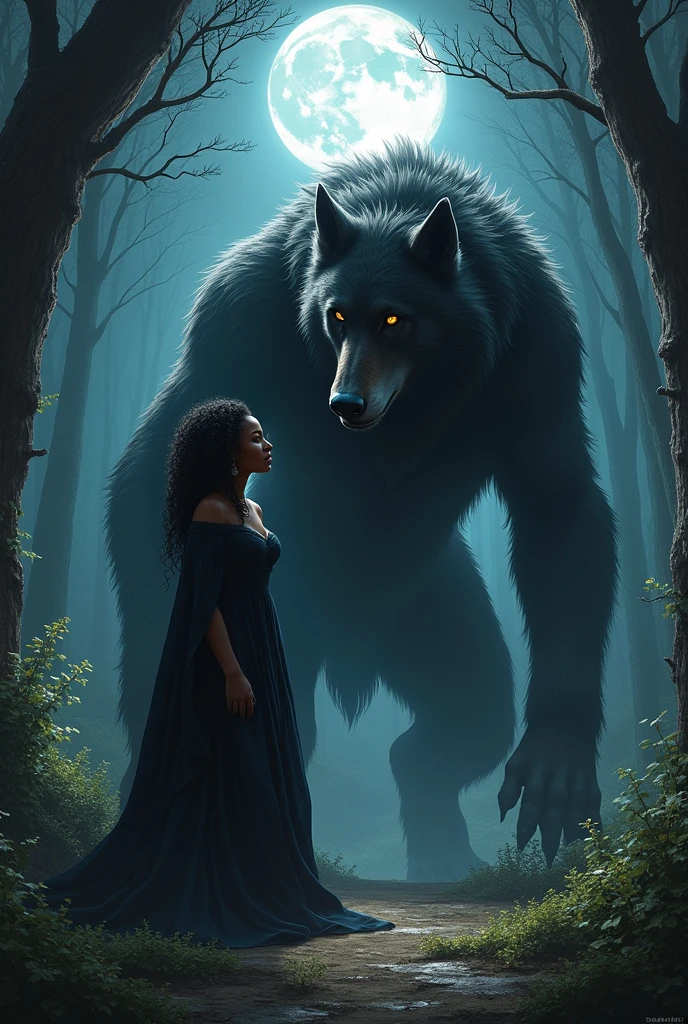 A realistic picture of a massive werewolf with black fur and amber eyes, kneeling down to a black woman. They are in a forest with the moon standing above them, casting a light onto them.