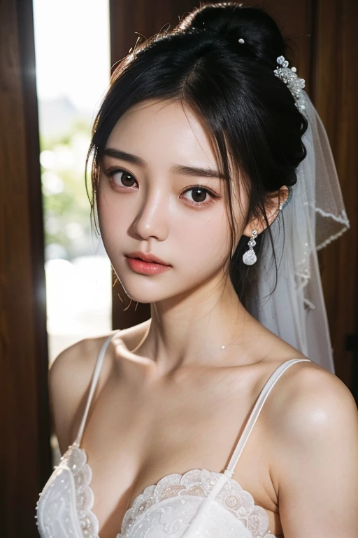 (2 Japanese beautiful girl,), (Small breasts:1.5,),(solo,,Textured skin, Detailed skin,Detailed face,Detailed eyes,detailed posing,Natural eyebrows,Sparkling Eyes,High detail, Highest quality, Super detailed, Surrealism, ,8k,RAW Photos,Photographicism,Professional Lighting,Ray Tracing,Aperture F1.2,Portrait Photography,Natural Light),(((Black Hair, Natural Makeup,Simple earrings, Bun Hair, Wedding dress,Milky Way aperture f7」)))