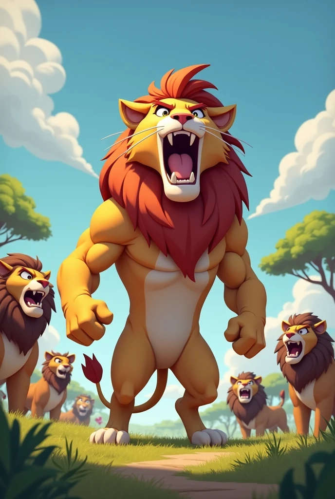 Detailed picture of a confident man anthro, (Lion, powerful body) standing proudly on the middle of the savanna, roaring with his mouth wide open. trending on Art Station, Ross Tran, ruan jia, foxovh, ((determined expression, the other animals are clapping and cheering in the background, cartoon