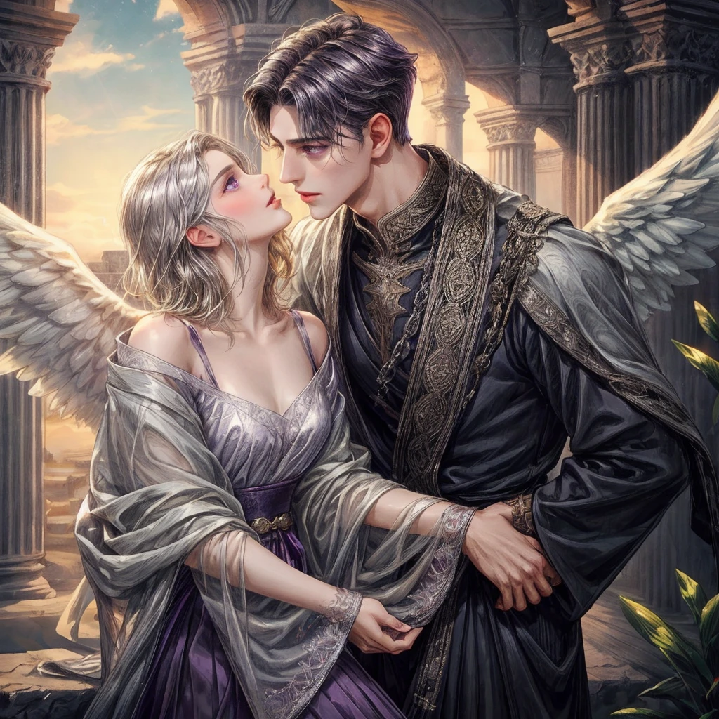 BOTTOM: A man with dark medium hair, dark purple eyes, , have a dark wings, wear an ancient clothes, and wear a dark halo
TOP: And another man with blonde short hair, silver eyes long lashes, have angels wings, wear an ancient clothes and wear a angels halo
Couples kissing BL