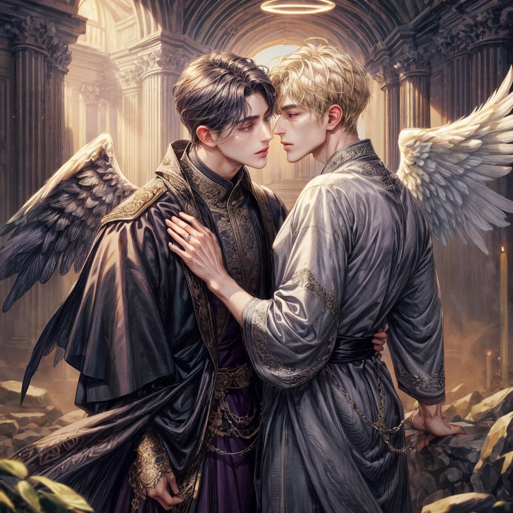 BOTTOM: A man with dark medium hair, dark purple eyes, , have a dark wings, wear an ancient clothes, and wear a dark halo
TOP: And another man with blonde short hair, silver eyes long lashes, have angels wings, wear an ancient clothes and wear a angels halo
Couples kissing BL