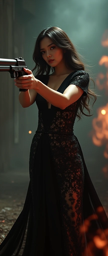 a chic ensemble stylish woman in a baroque mess dress saunting with swagger strife with long gun shooting, gun muzzle, blooded wounds, bloody (best quality,4k,8k,highres,masterpiece:1.2),ultra-detailed,(realistic,photorealistic,photo-realistic:1.37),HDR,UHD,studio lighting,ultra-fine painting,sharp focus,physically-based rendering,extreme detail description,professional,vivid colors,bokeh,portrait,high fashion,elegant,glamorous,cinematic,dramatic lighting,moody,mysterious,sensual,sophisticated