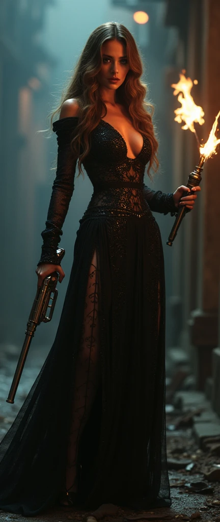 a chic ensemble stylish  woman in a baroque mess dress saunting with swagger strife with long gun shooting, gun muzzle, blooded wounds, bloody  (best quality,4k,8k,highres,masterpiece:1.2),ultra-detailed,(realistic,photorealistic,photo-realistic:1.37),HDR,UHD,studio lighting,ultra-fine painting,sharp focus,physically-based rendering,extreme detail description,professional,vivid colors,bokeh,portrait,high fashion,elegant,glamorous,cinematic,dramatic lighting,moody,mysterious,sensual,sophisticated