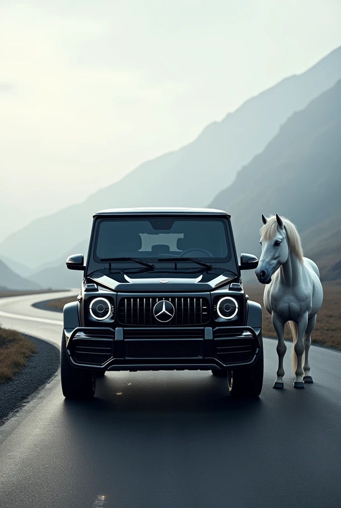 Make a 8k wallpaper of Gwagon G63 in black with white horse in front of g wagon and road background asthetic