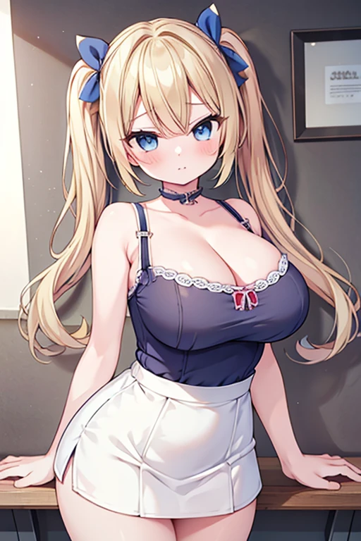 Highest quality,masterpiece,8k,Blonde with blue eyes、camisole、onepiece,micro mini skirt,Cleavage,Side  are visible,Large Breasts、Twin tails、Girl Brat,