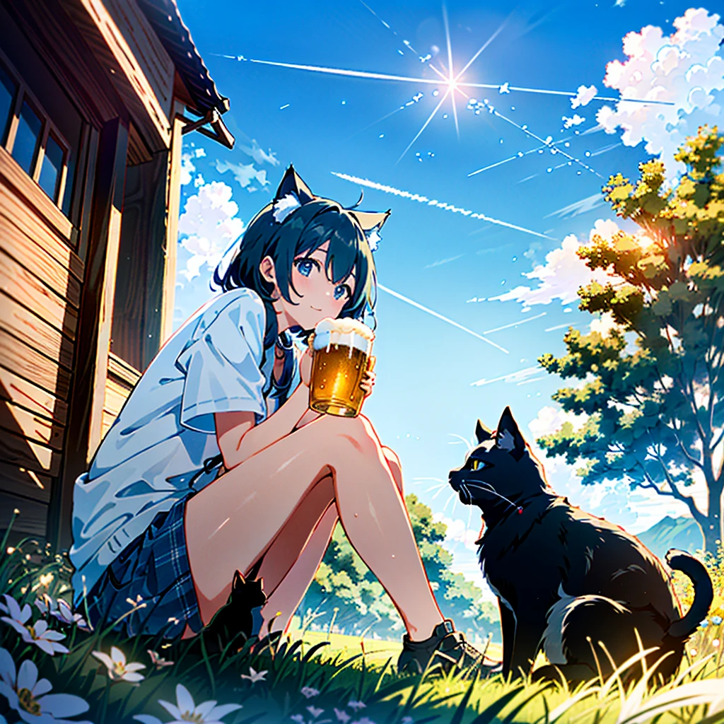 a extreme detailed photo of stunningly-beautiful blue sky riverside mid-summer scene, a captivating girl(2023 anime style) and a cat are sitting and happy talking at outside of old house and looking up at strong summer light with contrail, she is drinking beer(beer mug), she is drunk and very wasted, the cat touching her, a professional photographer shooting with an ultra wide-angle camera and lens in an upward angle with DSLR and the lens is SIGMA 24mm F1.4 DG | Art, 24mm F1.4, dynamic blue scene --ar 3:2