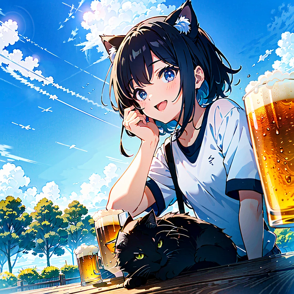 a extreme detailed photo of stunningly-beautiful blue sky riverside mid-summer scene, a captivating girl(2023 anime style) and a cat are sitting and happy talking at outside of old house and looking up at strong summer light with contrail, she is drinking beer(beer mug), she is drunk and very wasted, the cat touching her, a professional photographer shooting with an ultra wide-angle camera and lens in an upward angle with DSLR and the lens is SIGMA 24mm F1.4 DG | Art, 24mm F1.4, dynamic blue scene --ar 3:2
