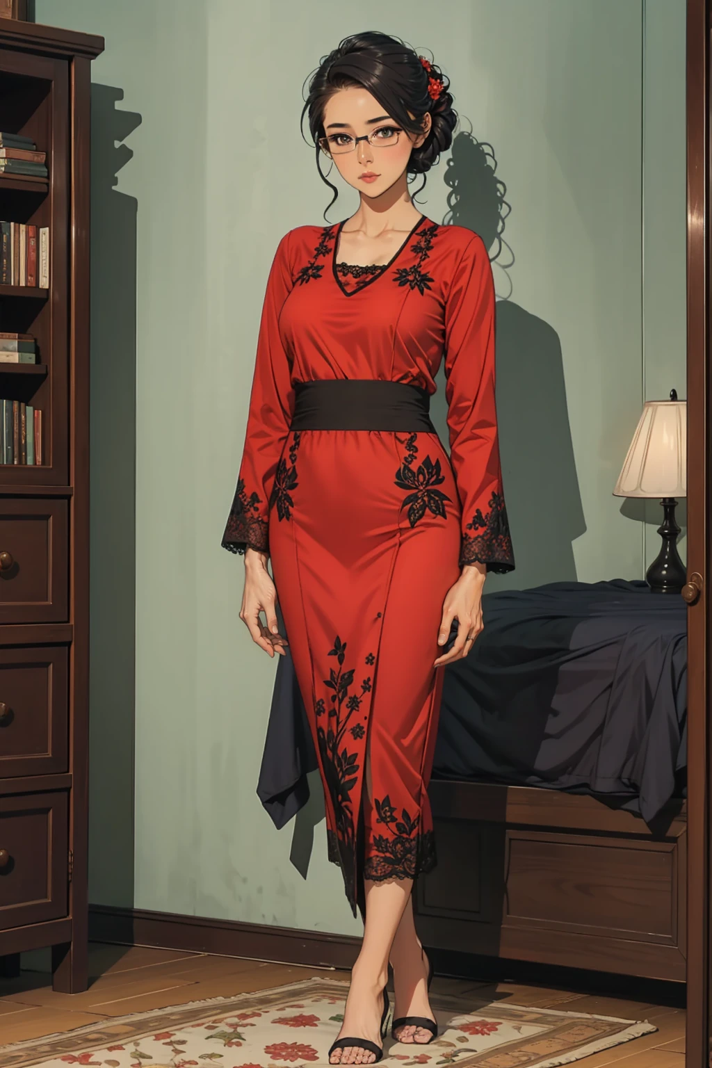 1 girl, black updo hair, glasses, tall girl, large breast, wearing traditional red and black lace kebaya , standing, inside bedroom, fullbody shot,, curios face, detail eyes, detail face, blushing, standing on floor, 