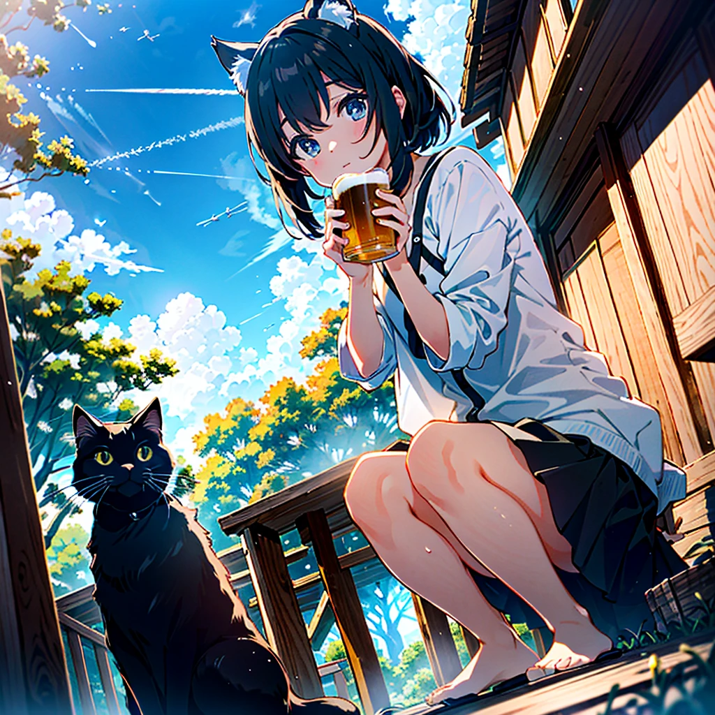 a extreme detailed photo of stunningly-beautiful blue sky riverside mid-summer scene, a captivating girl(2023 anime style) and a cat are sitting and happy talking at outside of old house and looking up at strong summer light with contrail, she is drinking beer(beer mug), she is drunk and very wasted, the cat touching her, a professional photographer shooting with an ultra wide-angle camera and lens in an upward angle with DSLR and the lens is SIGMA 24mm F1.4 DG | Art, 24mm F1.4, dynamic blue scene --ar 3:2