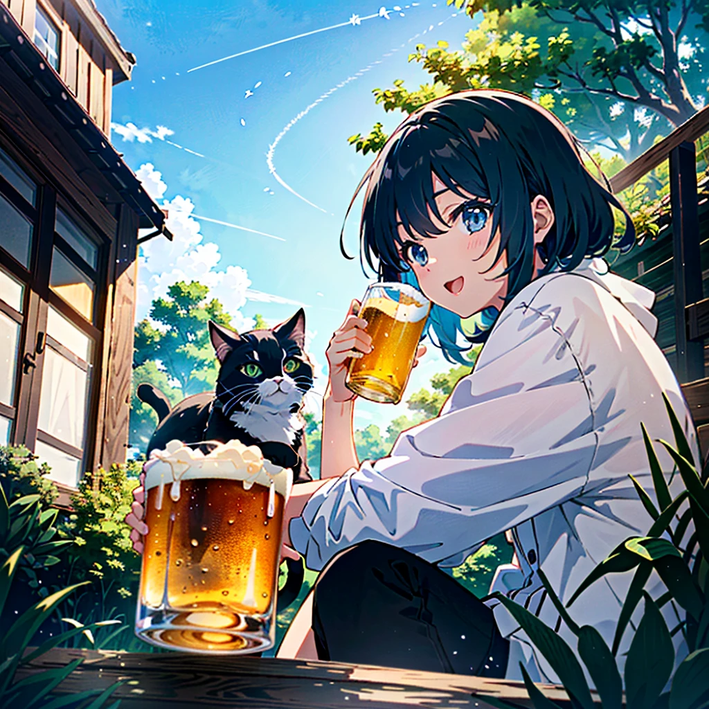 a extreme detailed photo of stunningly-beautiful blue sky riverside mid-summer scene, a captivating girl(2023 anime style) and a cat are sitting and happy talking at outside of old house and looking up at strong summer light with contrail, she is drinking beer(beer mug), she is drunk and very wasted, the cat touching her, a professional photographer shooting with an ultra wide-angle camera and lens in an upward angle with DSLR and the lens is SIGMA 24mm F1.4 DG | Art, 24mm F1.4, dynamic blue scene --ar 3:2
