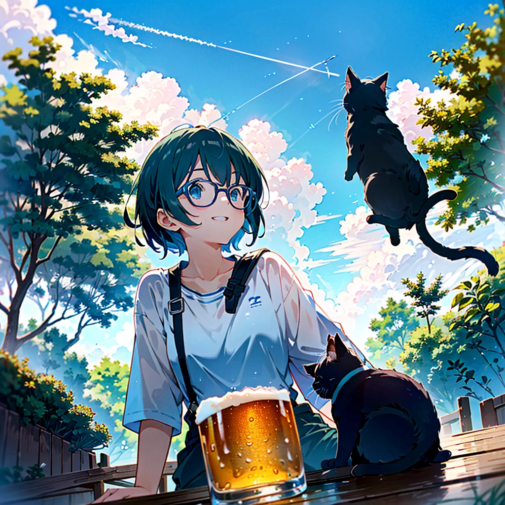 a extreme detailed photo of stunningly-beautiful blue sky riverside mid-summer scene, a captivating girl(2023 anime style) and a cat are sitting and happy talking at outside of old house and looking up at strong summer light with contrail, she is drinking beer(beer mug), she is drunk and very wasted, the cat touching her, a professional photographer shooting with an ultra wide-angle camera and lens in an upward angle with DSLR and the lens is SIGMA 24mm F1.4 DG | Art, 24mm F1.4, dynamic blue scene --ar 3:2