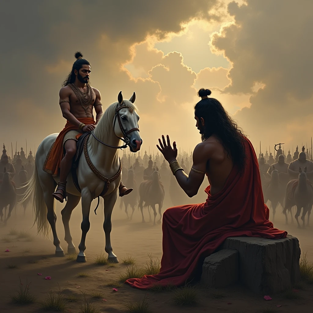 Depict Arjuna in his chariot, his bow lowered, and his face filled with sorrow and doubt. His gaze is turned towards the opposing Kaurava army, which is blurred and shadowy, symbolizing his internal conflict. In the background, faint images of sin and darkness start to encroach upon him, representing the consequences he fears from killing his kin. Krishna sits beside him with a compassionate expression, his hand gently raised as if offering wisdom and solace. The battlefield around them is vast and ominous, with the tension of the impending battle heavy in the air, highlighting the gravity of Arjuna's moral dilemma.