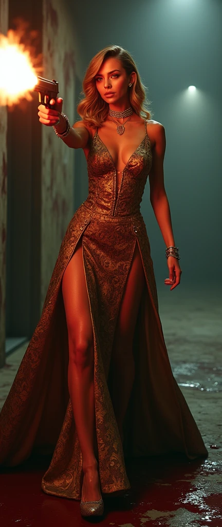 a chic ensemble stylish woman in a baroque mess dress saunting with swagger strife with gun shooting, gun muzzle, in blood bath (best quality,4k,8k,highres,masterpiece:1.2),ultra-detailed,(realistic,photorealistic,photo-realistic:1.37),HDR,UHD,studio lighting,ultra-fine painting,sharp focus,physically-based rendering,extreme detail description,professional,vivid colors,bokeh,portrait,high fashion,elegant,glamorous,cinematic,dramatic lighting,moody,mysterious,sensual,sophisticated