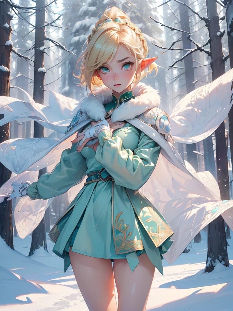 Silver Hair, (Rear View, Rear View),(Highest quality,High resolution,Very detailed,Actual),Target,A world covered in silver, Snow covered branches, toque Chill de invierno, Snowflakes dance like elves, Turning the world into a silver fairy tale, Chill, Quiet and beautiful snow scenery., Cozy and quiet, (Ocean Art 2.1), (Background Frozen white trees Snow falling:1.4) , (Beautiful Blue Eyes、Big stone black eye:1.4) , (Realistic) ,8K high quality, detailed art, Fan Art Best Art Station, Fantasy art style, ((A short, sheer black miniskirt:1.4)) ,(String), Stockings Bra, Leggings White,Sexy Body