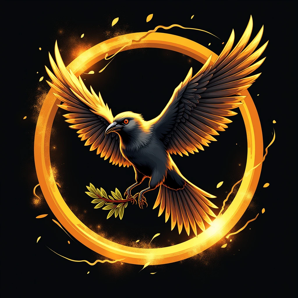 a stylized depiction of a mockingjay bird in flight, often encircled by a gold or black ring. The mockingjay is usually shown with its wings spread, and it may be clutching an olive branch. The logo’s color scheme often includes gold, orange, black, or white, reflecting a sleek and bold design that captures the themes of rebellion and survival present in the series.
Put some fire