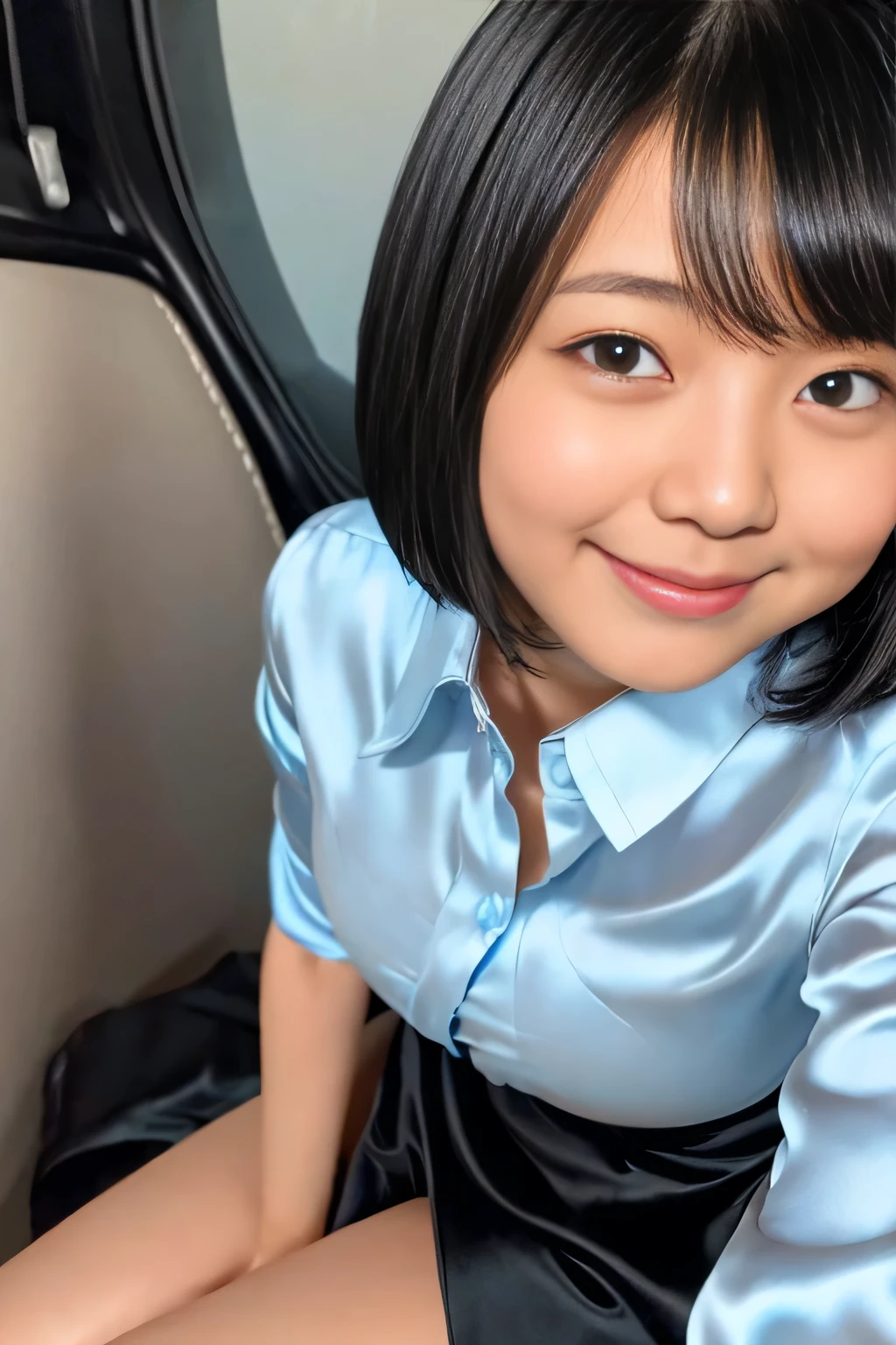 (8k、Raw photography、Highest quality、masterpiece:1.2),(Black-haired、short hair:1.8),(:1.4)、View your viewers,Front view,White skin,(A loose light blue silk shirt:1.6)、(Tight waist)、(Big Breasts :1.4)、Ultra-high resolution,beautiful,beautiful fece,whole bodyボディー,Japanese women,(reality的:1.37)、Photon Mapping,reality、(Baby-faced and cute: 1.4)、(Cute Smile)、(Round face)、Radio City、Physically Based Rendering、Depth of field rally background、photograph, (I can see your knees、Thigh close-up),whole body、Great quality